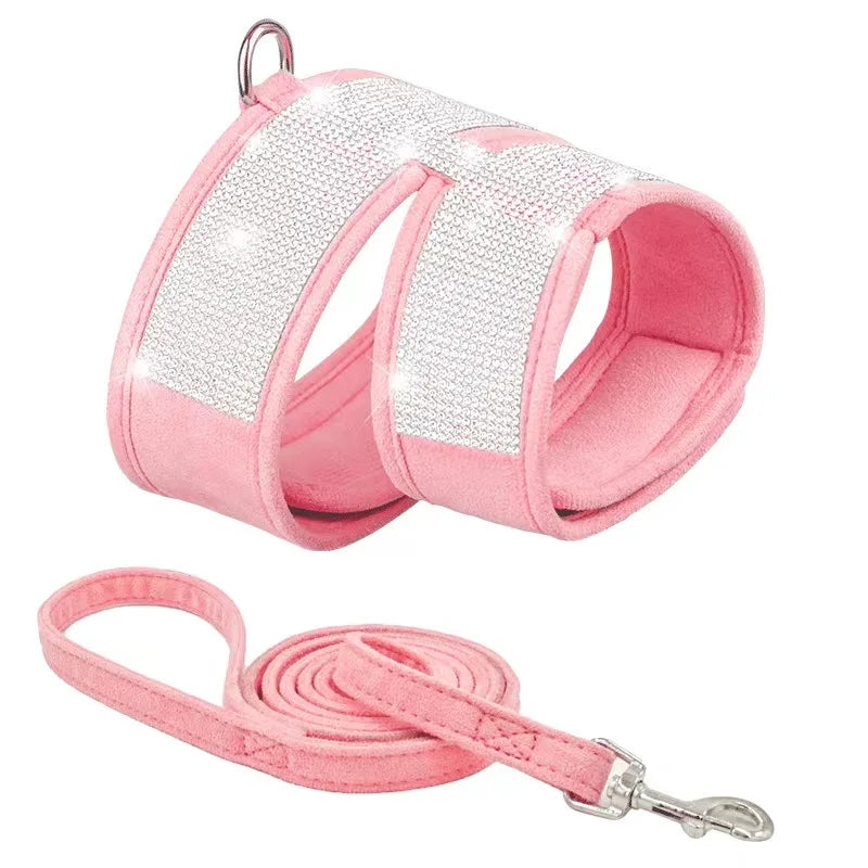 Pet Cat Harness Anti-escape Rhinestone Pet Dogs Cats Chest Strap With Leash Pink