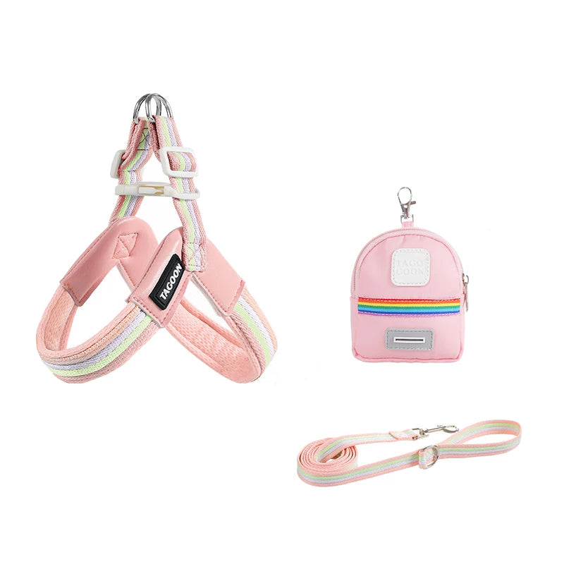 3PCs Pet Dog Harness Leash Set with Bags Adjustable V-shaped Puppy Harness Striped Breathable Dog Chest Strap Dog Accessories
