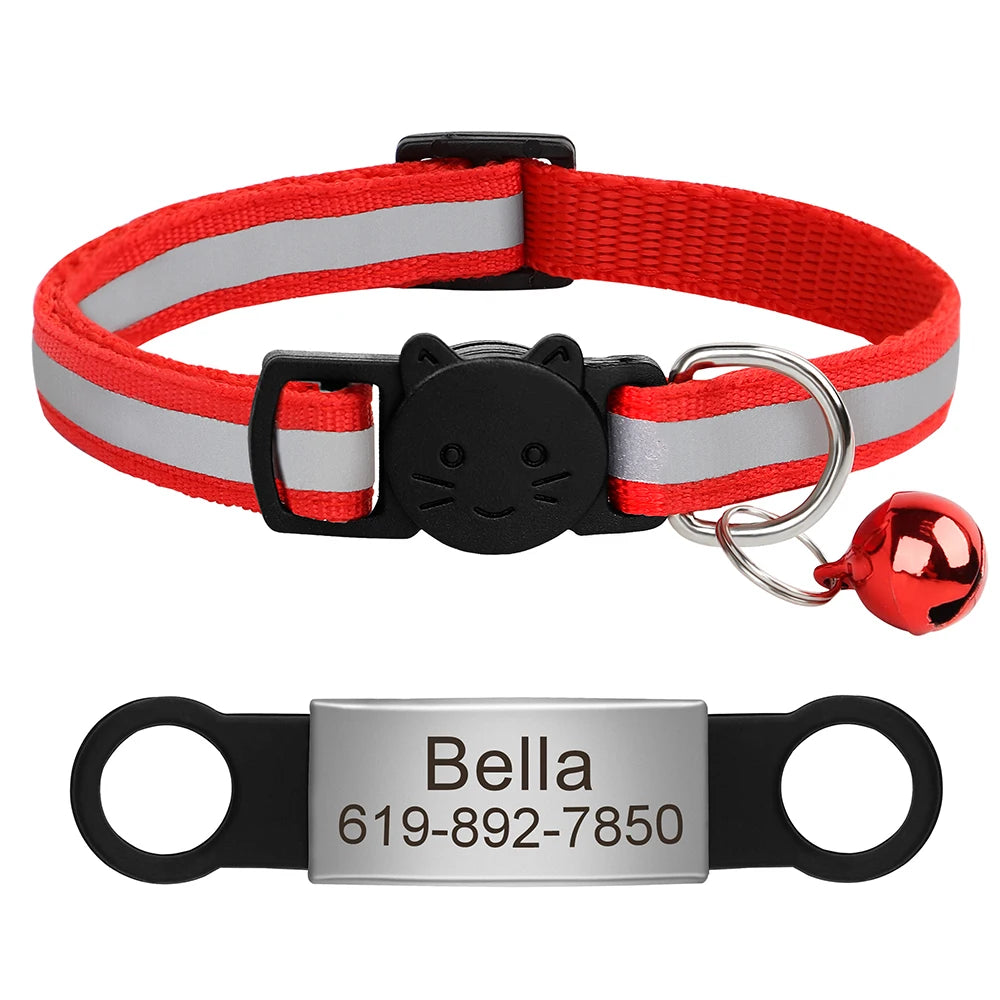 Customized Cat Collar Reflective Cat Collar Free Engraved Puppy Kitten Pet ID Nameplate Necklace With Bell Anti-lost For Cats