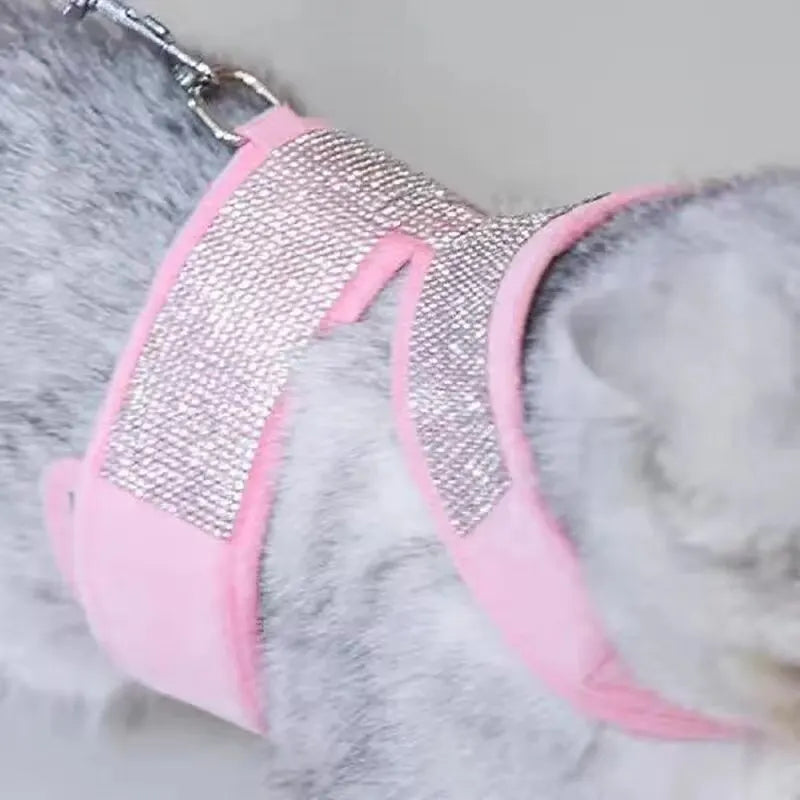 Pet Cat Harness Anti-escape Rhinestone Pet Dogs Cats Chest Strap With Leash Pink