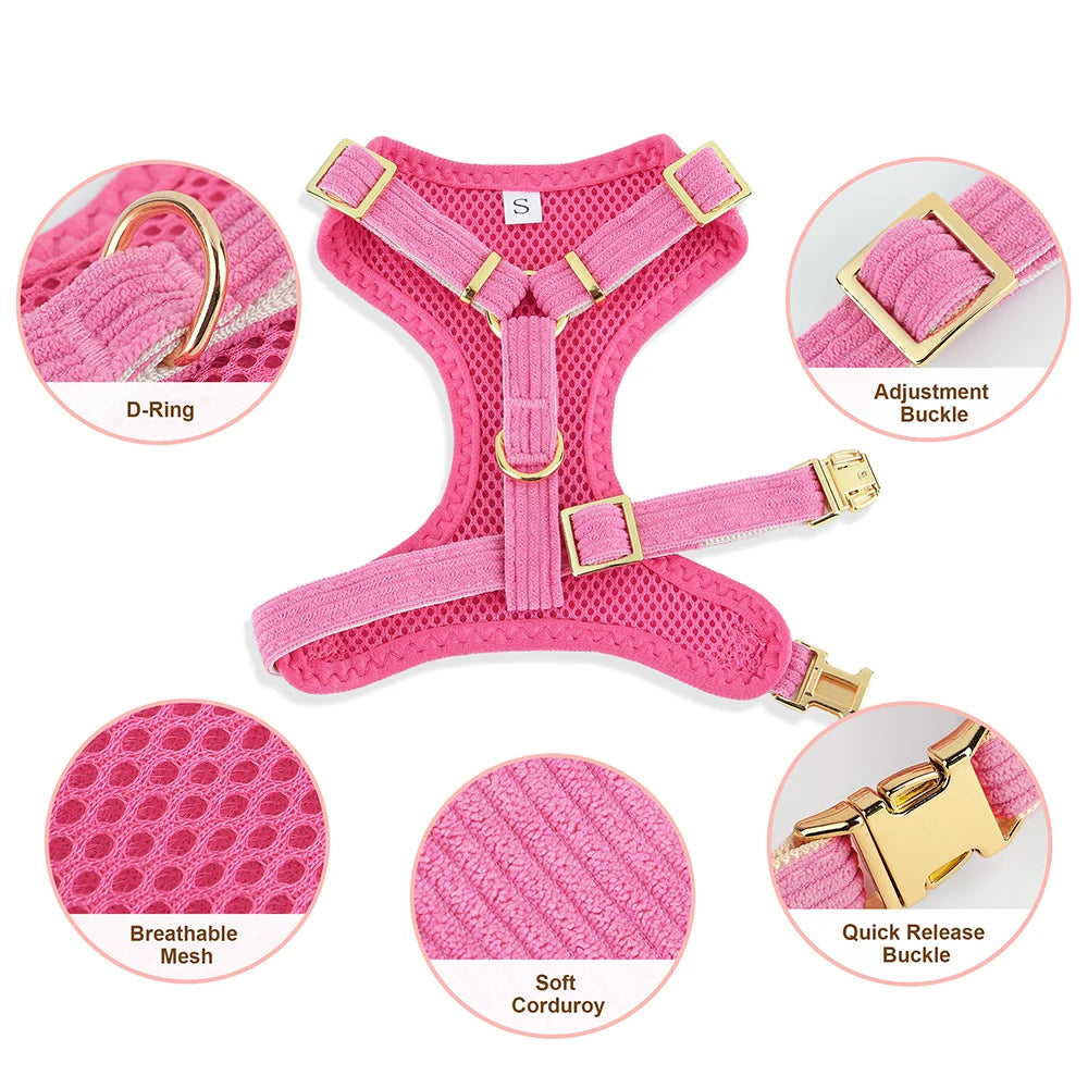 3PCS Dog Collar Harness Leash Set Breathable Dog Harnesses Soft Velvet Puppy Necklace With Bowknot Pet Walking Rope For Dogs Pug