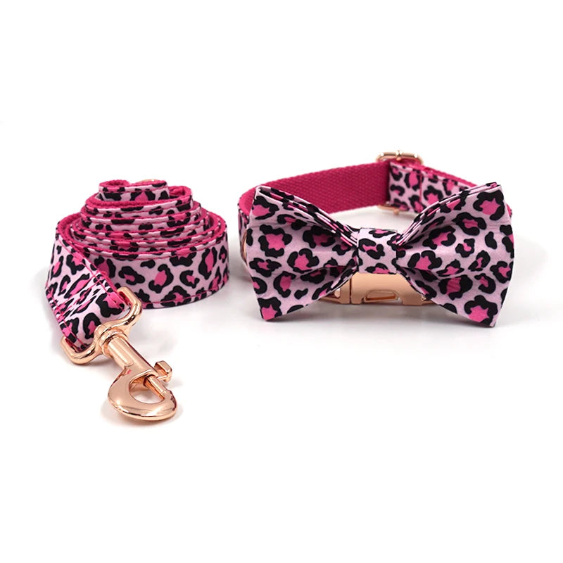 Pink Leopard Dog Harness for Girl Dogs Personalized Name Engraved Pet Collar with Safety Metal Buckles Bowtie Puppy Harness Set