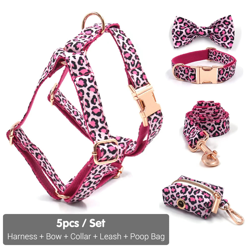 Pink Leopard Dog Harness for Girl Dogs Personalized Name Engraved Pet Collar with Safety Metal Buckles Bowtie Puppy Harness Set