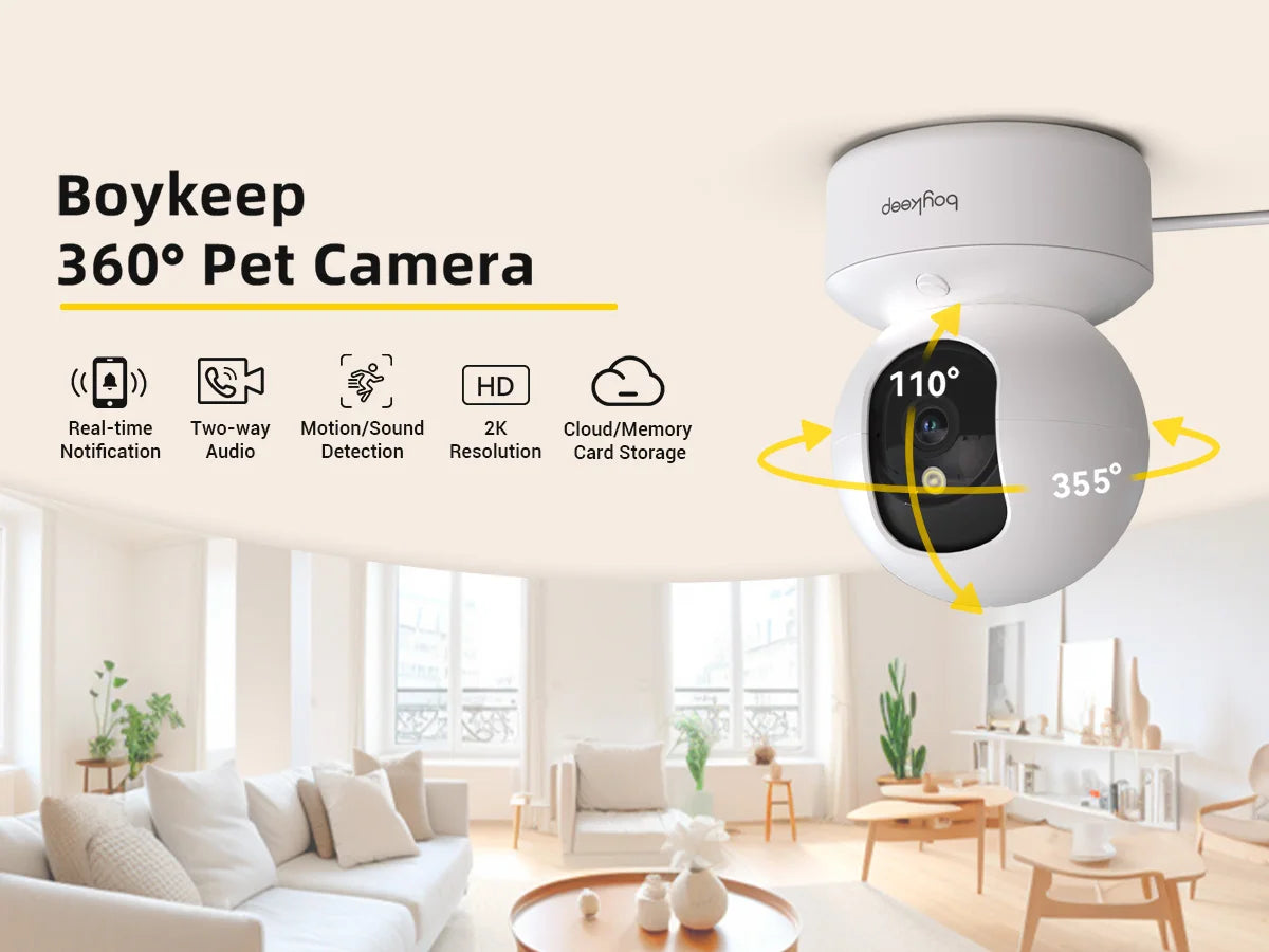 Boykeep 2K Pet Dog Camera with Phone App, 5G/2.4GHz WiFi Indoor Security Baby Camera, 360° Pan & Tilt, 2-Way Audio, Night Vision