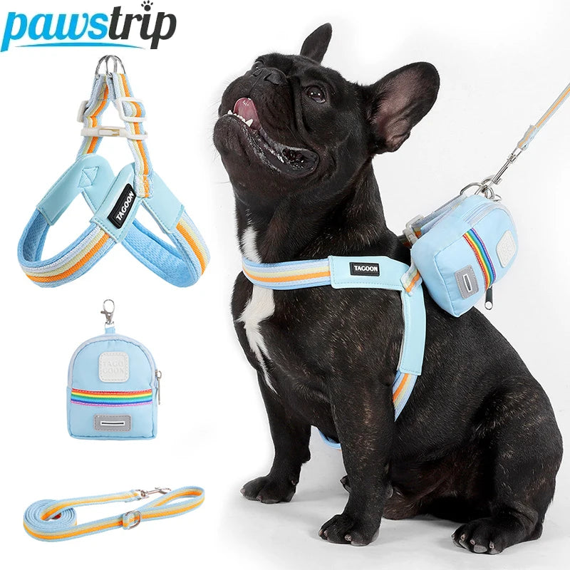 3PCs Pet Dog Harness Leash Set with Bags Adjustable V-shaped Puppy Harness Striped Breathable Dog Chest Strap Dog Accessories