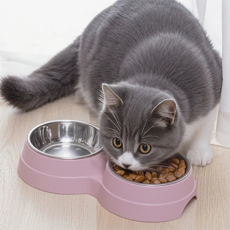 Stainless Steel Double Pet Bowl Wheat Straw Base Dog Cats Feeder Cat Puppy Feeding Food Water Container Dispenser Pet Supplies
