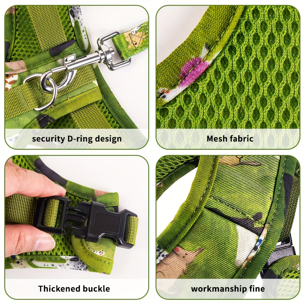 6pcs Forest Animal Print Dog Walking Set, Adjustable Pet Harness, 4ft Leash, Collar, Bowtie, Bandana, and Waste Bag Dispenser for Small to Large Dogs, Polyester Fiber, Without Battery