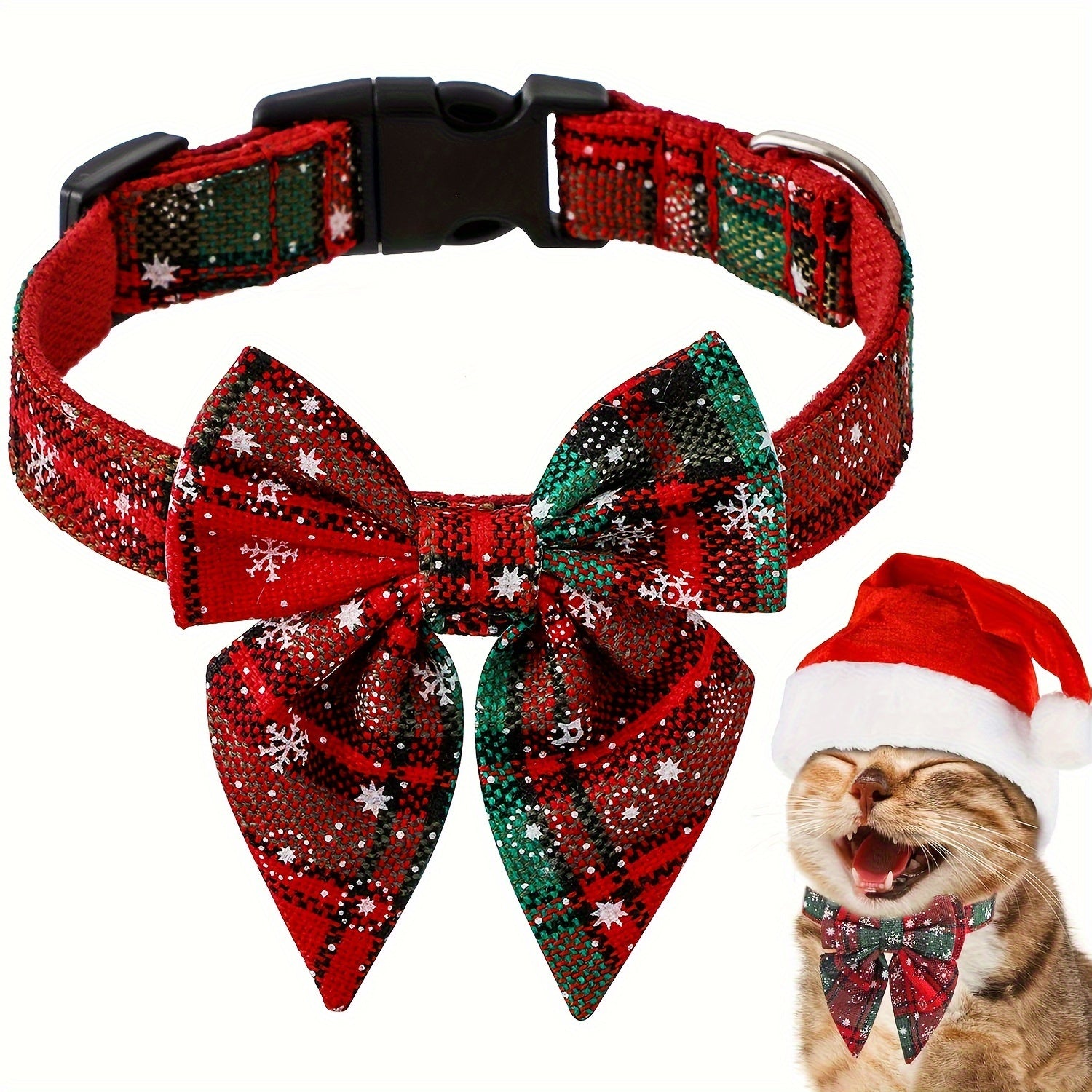 Christmas Plaid Dog Collar with Detachable Bowtie, Adjustable Pet Collar for Cats and Dogs, Durable Polyamide Material with Press Buckle and D-Ring, Perfect for Holiday Parties, Birthdays, and Daily Wear - Red (S/M/L)