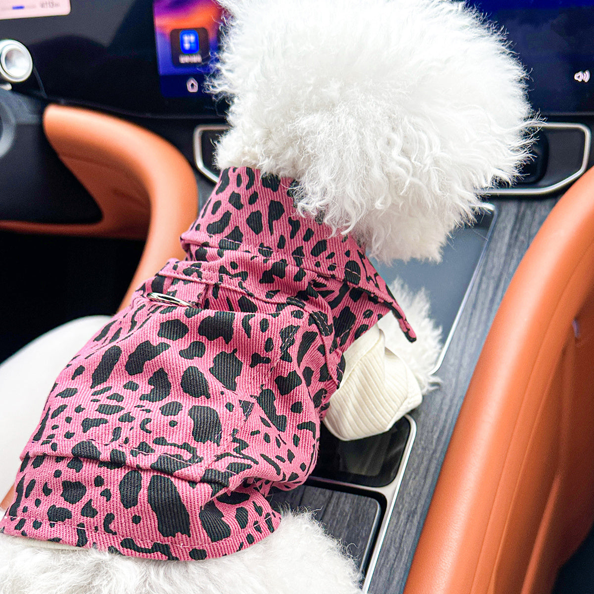 Small Breed Dog & Cat Fashionable Pink Leopard Print Denim Jacket, Comfortable Knit Fabric, Polyester, with Snap Button Closure for Pet Apparel