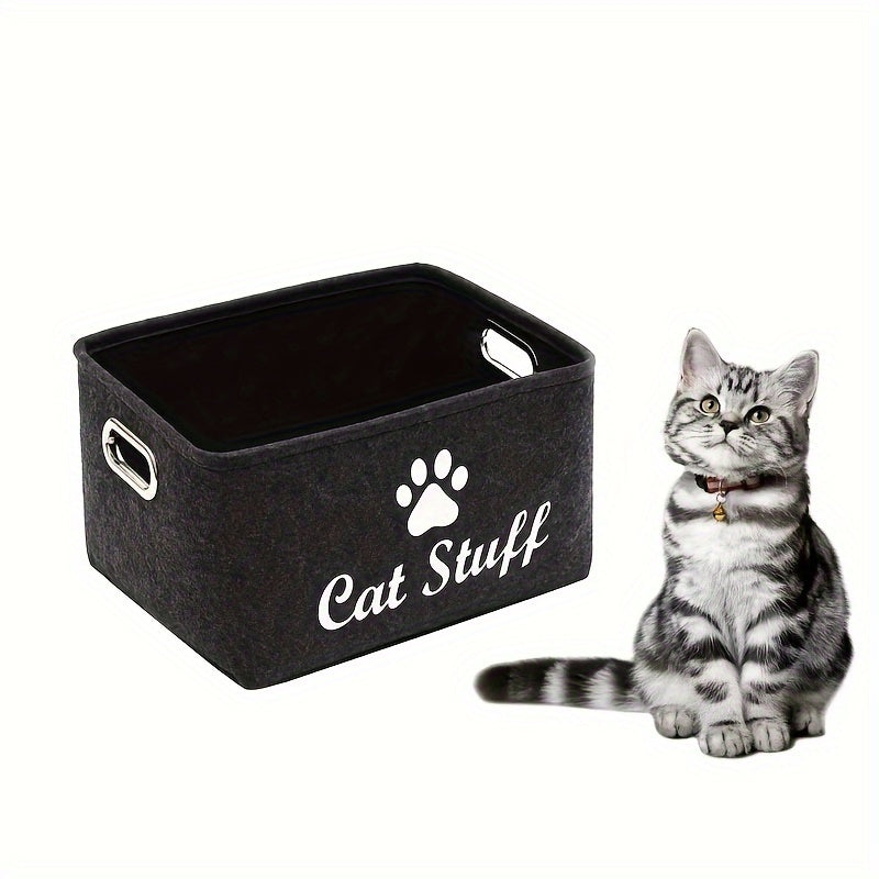 1pc Felt Cat Toy Storage Box with Wooden Handle, Rectangular Fabric Pet Toy Organizer Basket for Home Organization, Toy Box