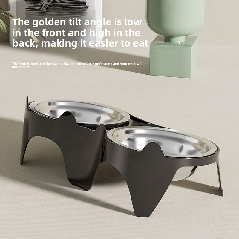Stainless Steel -Tipping Double-Bowl Cat & Dog Food Feeder - Large Capacity Spill-Proof Design with 15° Slant Mouth & -Skid Base, Detachable Washable Durable Plastic-Like Edges, Ideal for Multi-Cat Households (Easy-Clean Pet