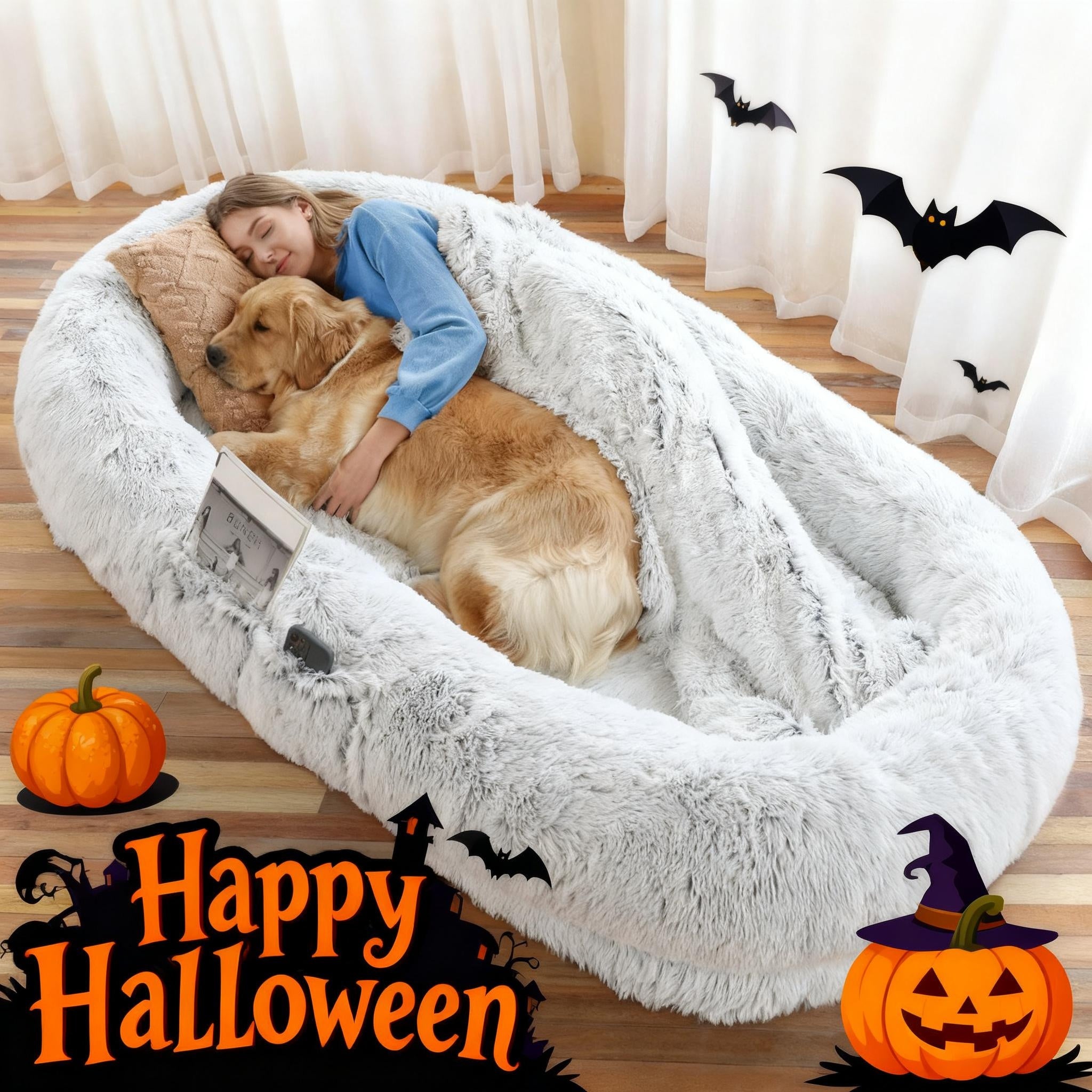 Extra Large Orthopedic Human & Dog Bed with Plush Pillow & Blanket - 71"x45"x12" Washable Faux Fur Pet Couch, Non-Slip Base, Removable Cover - Grey Bed for All Dog Breeds (Small/Medium/Large Dogs) & Cozy Napping Companion for