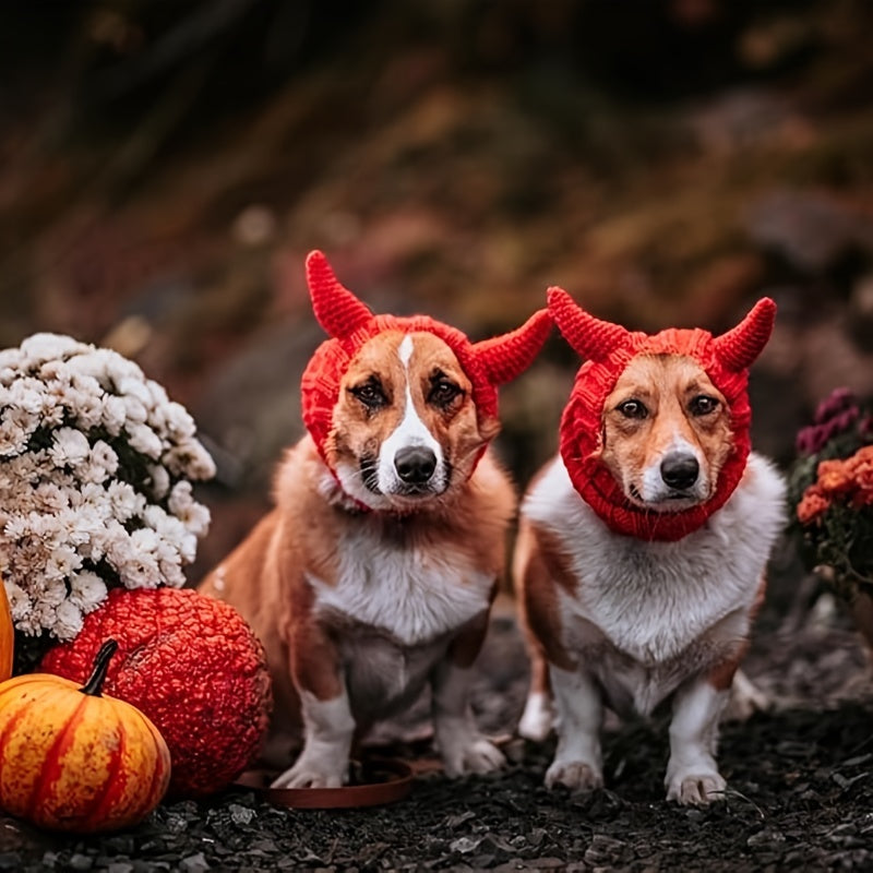 Dog & Cat Devil Horns Beanie - Cozy Knit Pet Earmuffs Ear Warmer Headband, All-Season Polyester Hat for Pets, Ideal for Winter, Halloween, Christmas Pet Accessories, Suitable for Small, Medium, Large Breeds