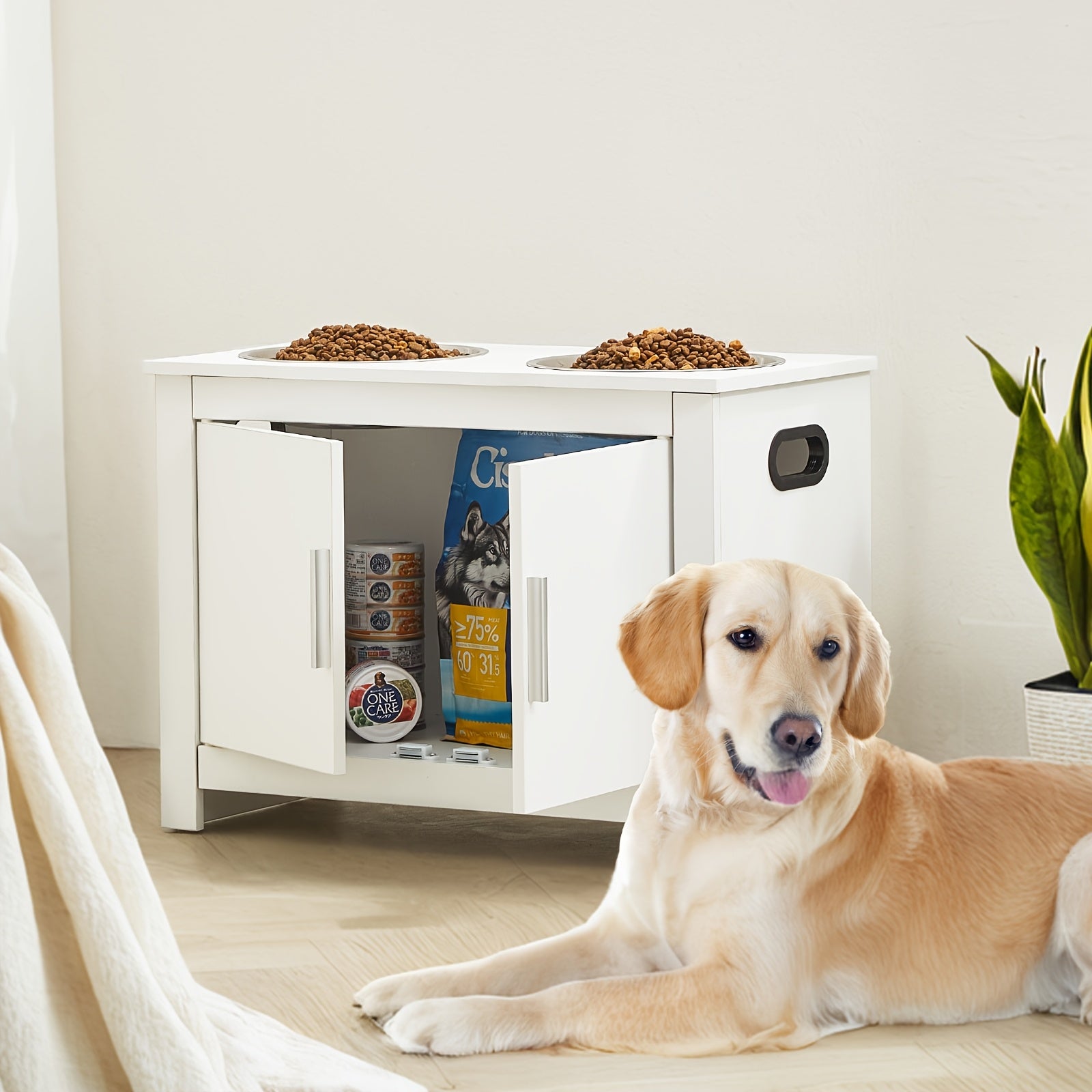 Happybuy Elevated Dog Feeding Station with 2 Stainless Steel Bowls & - Modern White Wood Pet Dispenser, Heavy-Duty Elevated /Water Dispenser for Large Breeds, Space-Saving Design for Home, Easy ssembly, Pet Feeding Station, R