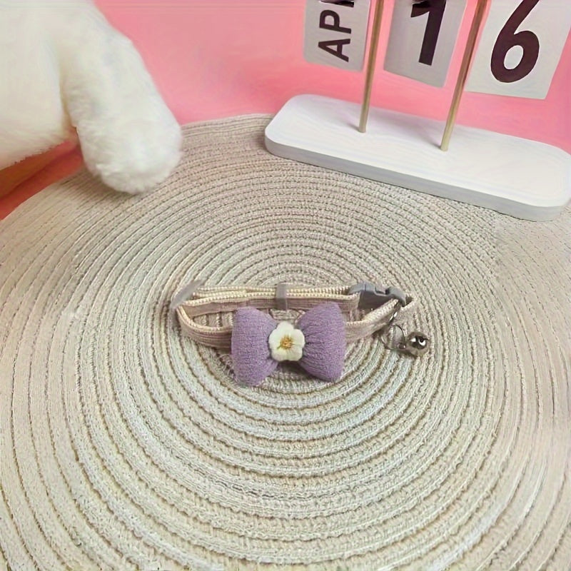 Floral Bowtie Plush Pet Collar With Bell - Adjustable Polyester Neckwear For Cats And Small Dogs