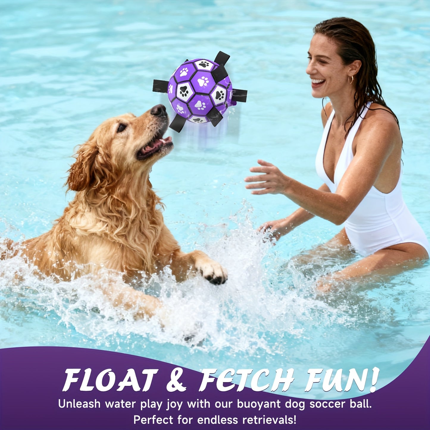 Durable Rubber Dog Soccer Ball with Straps - Interactive Chew-Resistant Pet Toy for All Breed Sizes, Purple & Black with Paw Print Design, Indoor/Outdoor Play & Training, Dog Ball Toy, Large Surface Area