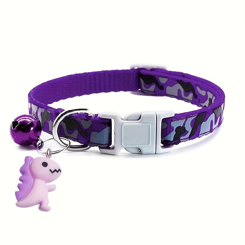 GEKTIMER Adjustable Camo Print Pet Collar with Bell and Cute Dinosaur Charm, Soft Padded Comfortable Design, Ideal Fashion Accessory for Cats, Kittens, and Small Dogs, Polyester Material in Cute Style