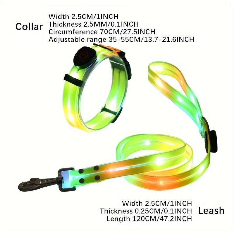 LED Dog Light Up Collar Leash Set, Adjustable Pet Collar, Usb Rechargeable Night Colorful Light Visibility 100+m/328+ft Pet Leash