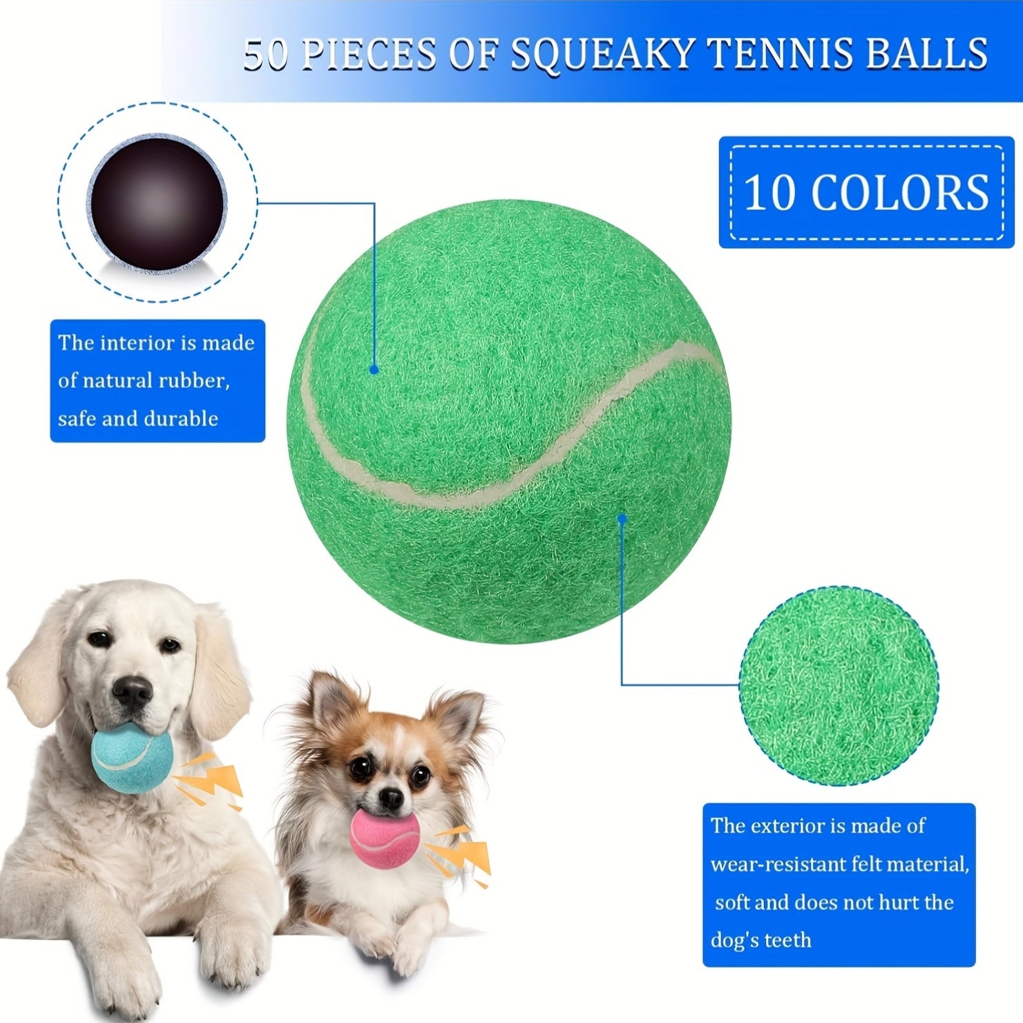 50pcs OUTUS 2.5'' Dog Squeaky Tennis Balls - Medium/Large Puppy Balls with Cartoon Design, Multicolor & Pink Accents for Training, Exercise, Fetch & Play - Durable Rubber Pet Toys for All Breeds, Dog Tennis Balls, Pet Exercis