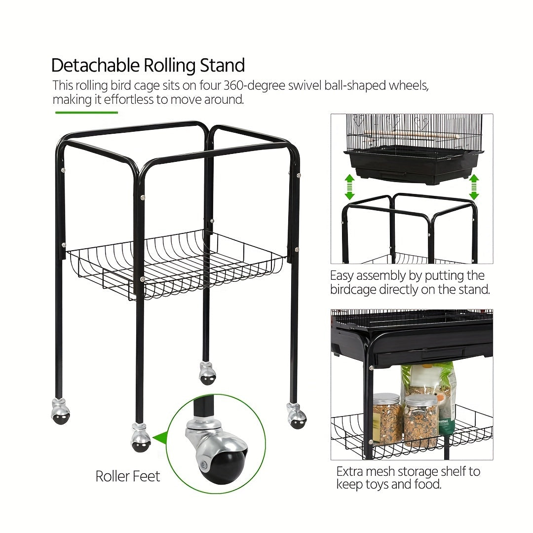1pc 65-inch Extra-Large Open-Style Bird Cage with Detachable Rolling Stand, Durable Metal Construction, and Spacious Interior for Comfortable Living of Parrots, Lovebirds, Sparrows, Canaries, Long-tailed Small Parrots, Black