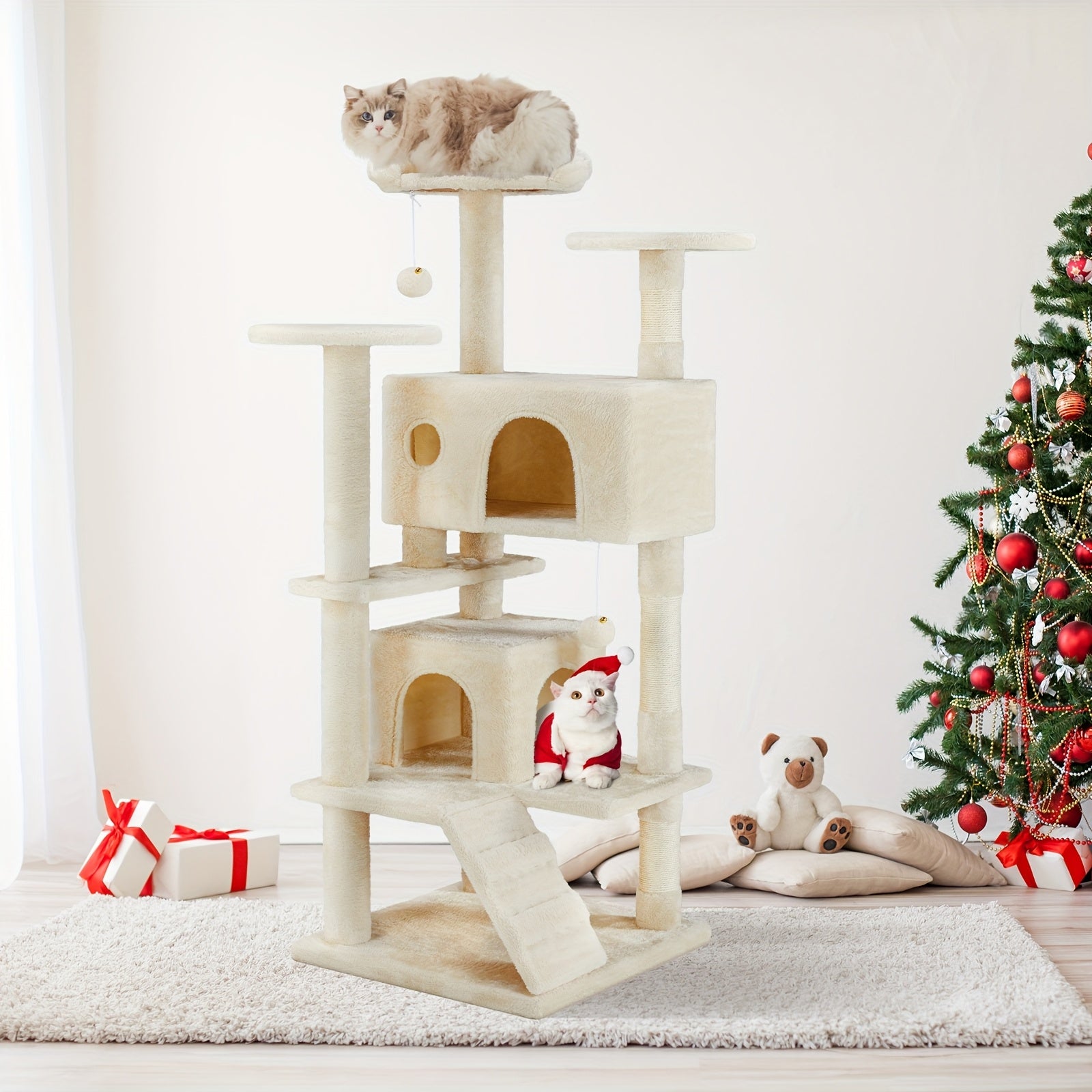 54in Tall Multi-Level Cat Tree Tower for Indoor Cats, Kitty Play House with Sisal Scratching Post, Large Condo, Climbing Ladder, Pet Furniture, Plush Toy for Kitten