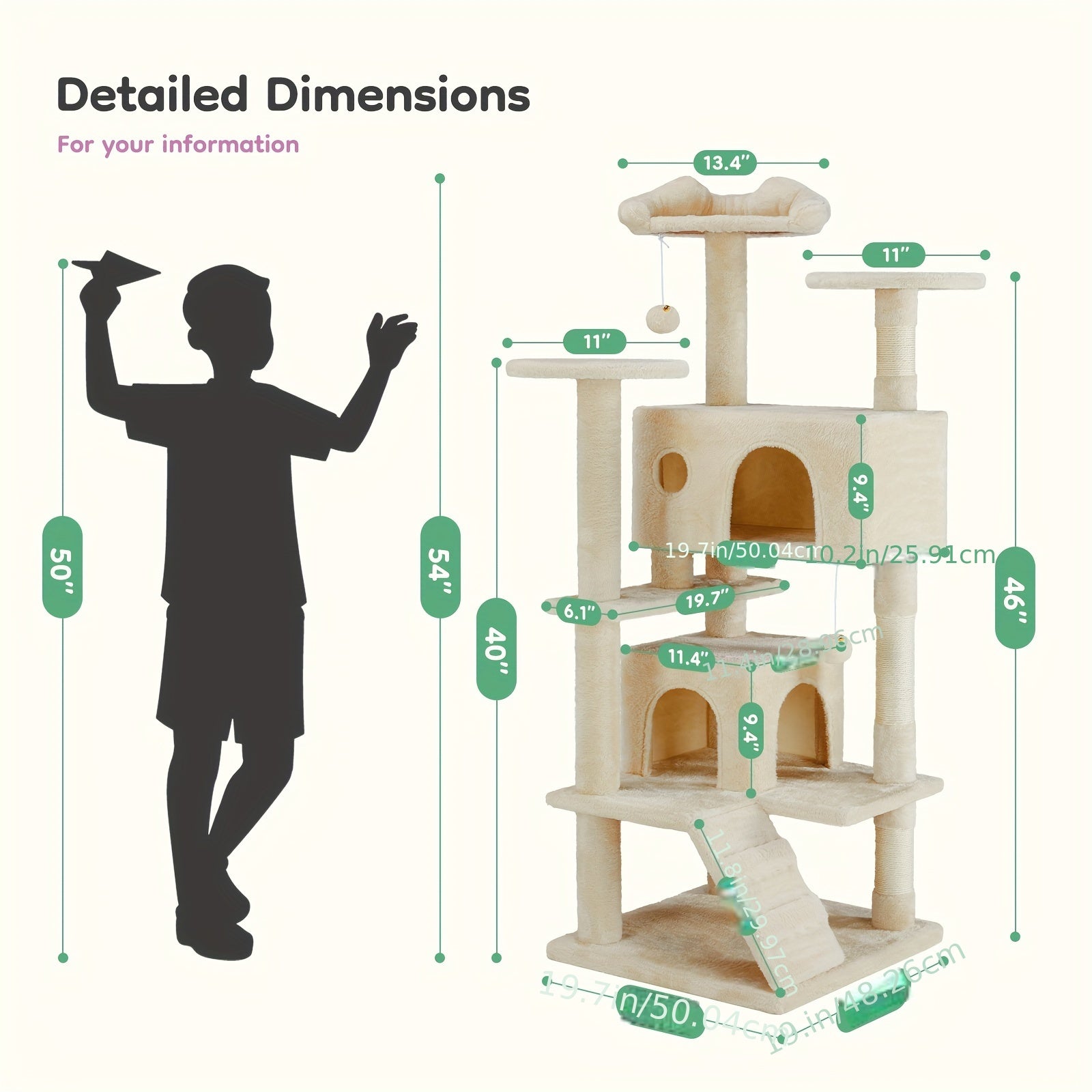 54in Cat Tree Tower for Indoor Cats, Multi-Level Pet Furniture, Kitty Play House with Sisal Scratching Post, Large Condo, Climbing Ladder, Plush Toy for Kitten, Beige and Gray