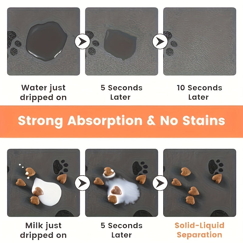 2pcs Quick-Dry & Absorbent Pet Feeding Mats with Non-Slip Rubber Backing - Diatomite Material, Gray with Paw Prints & Bone Design, Ideal for Dog & Cat Food and Water Bowls, Dog Food Mat