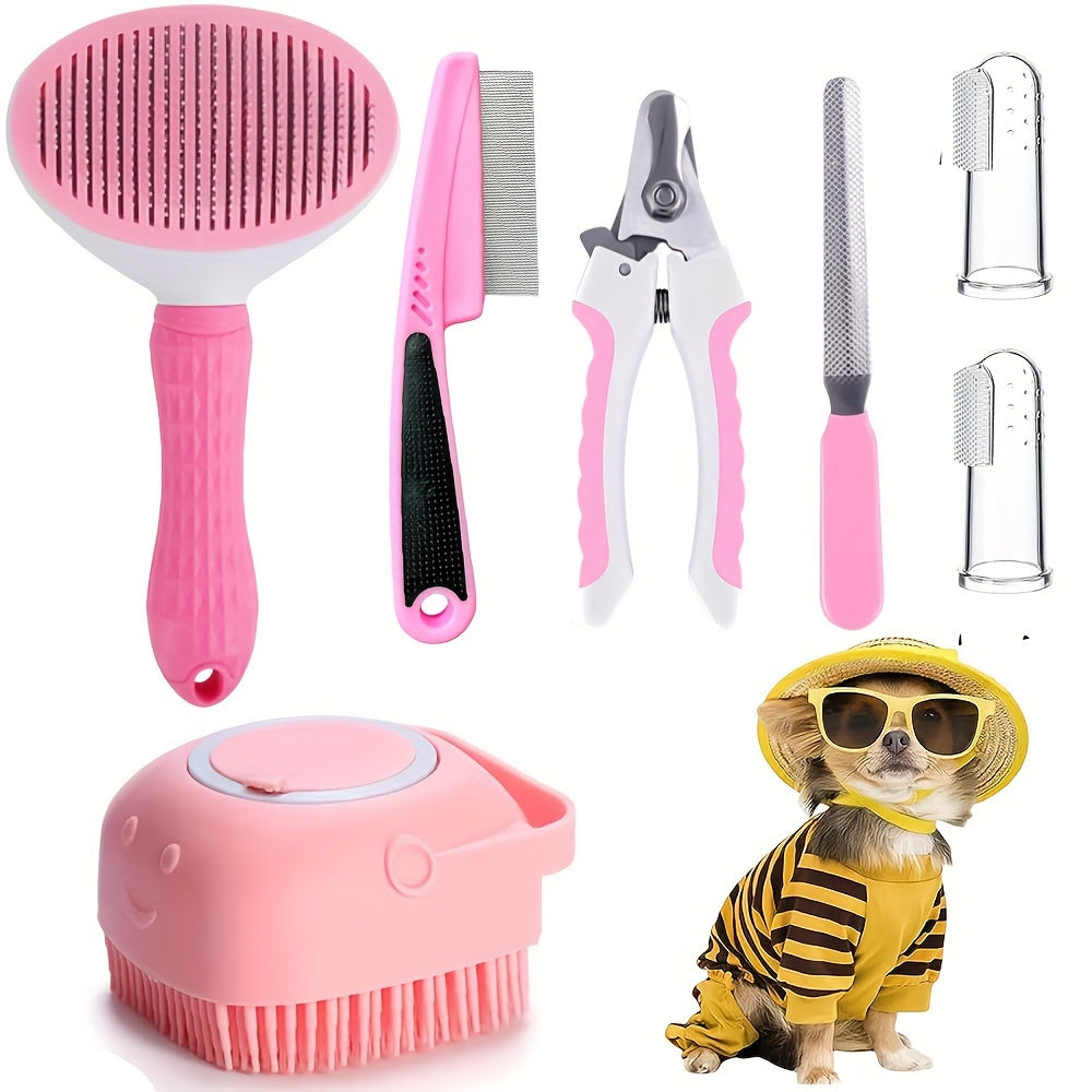 7 Pack Pet Grooming Set, Hair Removal Comb For Dog, Flea Comb, Dog Shampoo Brush, Pet Nail Clippers, Dog Toothbrush Set