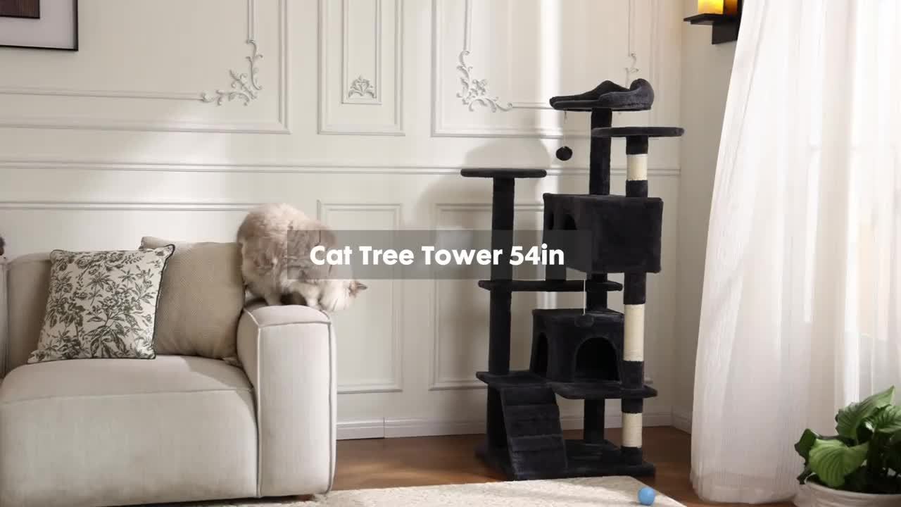 Cat Tree Tower for Indoor Cats, 54in Tall Multi-Level Pet Furniture, Kitty Play House with Sisal Scratching Post, Large Condo, Climbing Ladder, Plush Toy for Kitten