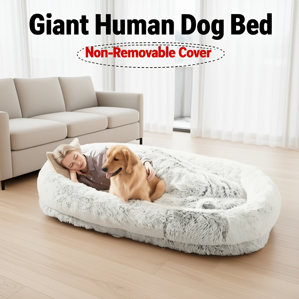 Extra Large Orthopedic Human & Dog Bed with Plush Pillow & Blanket - 71"x45"x12" Washable Faux Fur Pet Couch, Non-Slip Base, Removable Cover - Grey Bed for All Dog Breeds (Small/Medium/Large Dogs) & Cozy Napping Companion for