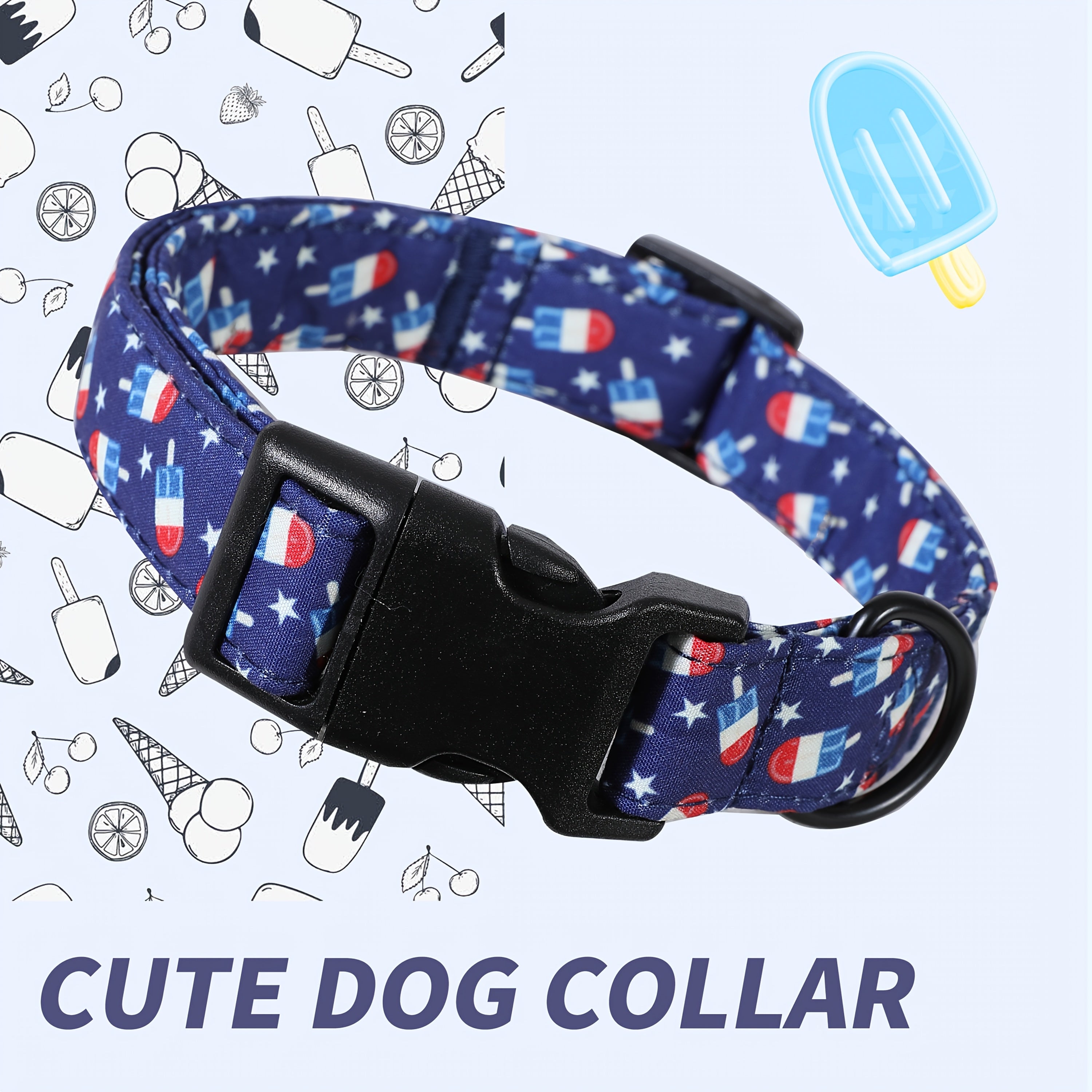 Patriotic American Flag Pet Collar with Ice Cream Design - Durable Polyester Dog Collar with Adjustable Strap and Secure Buckle, Fits Small to Large Dogs, Red, White, and Blue Star Motif