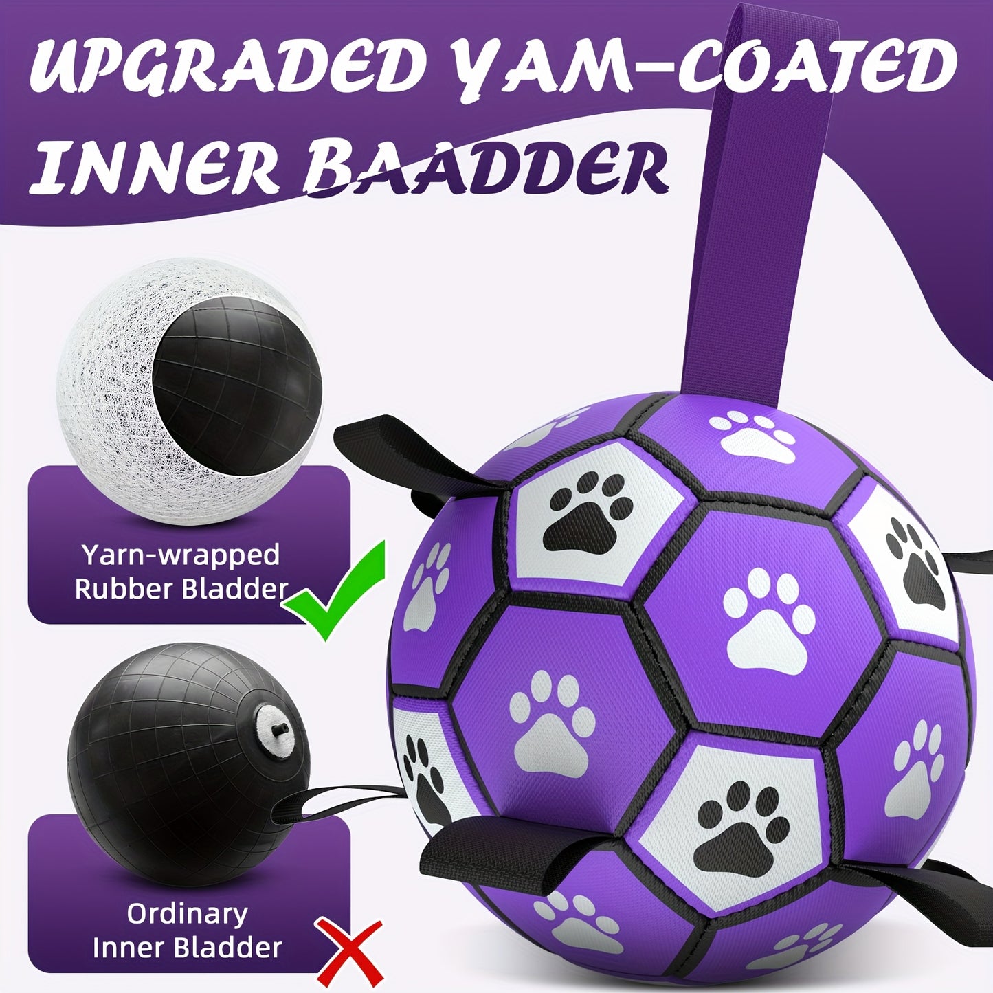 Durable Rubber Dog Soccer Ball with Straps - Interactive Chew-Resistant Pet Toy for All Breed Sizes, Purple & Black with Paw Print Design, Indoor/Outdoor Play & Training, Dog Ball Toy, Large Surface Area