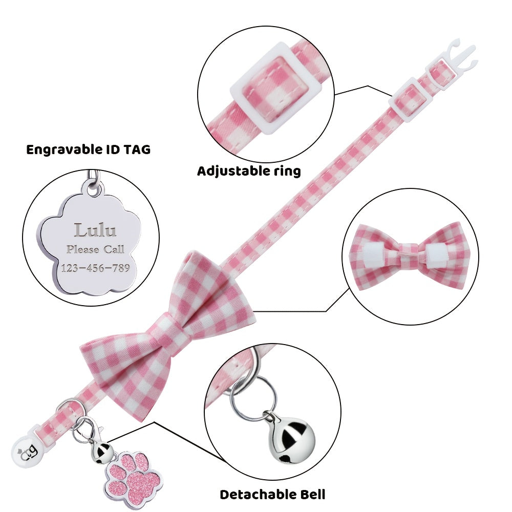 Personalized Custom Metal Paw Tag Pet Collar with Safe Buckle, Bow Tie, Nylon Material, Fresh Plaid Pattern, and Bell - Ideal for Cats and Small Dogs