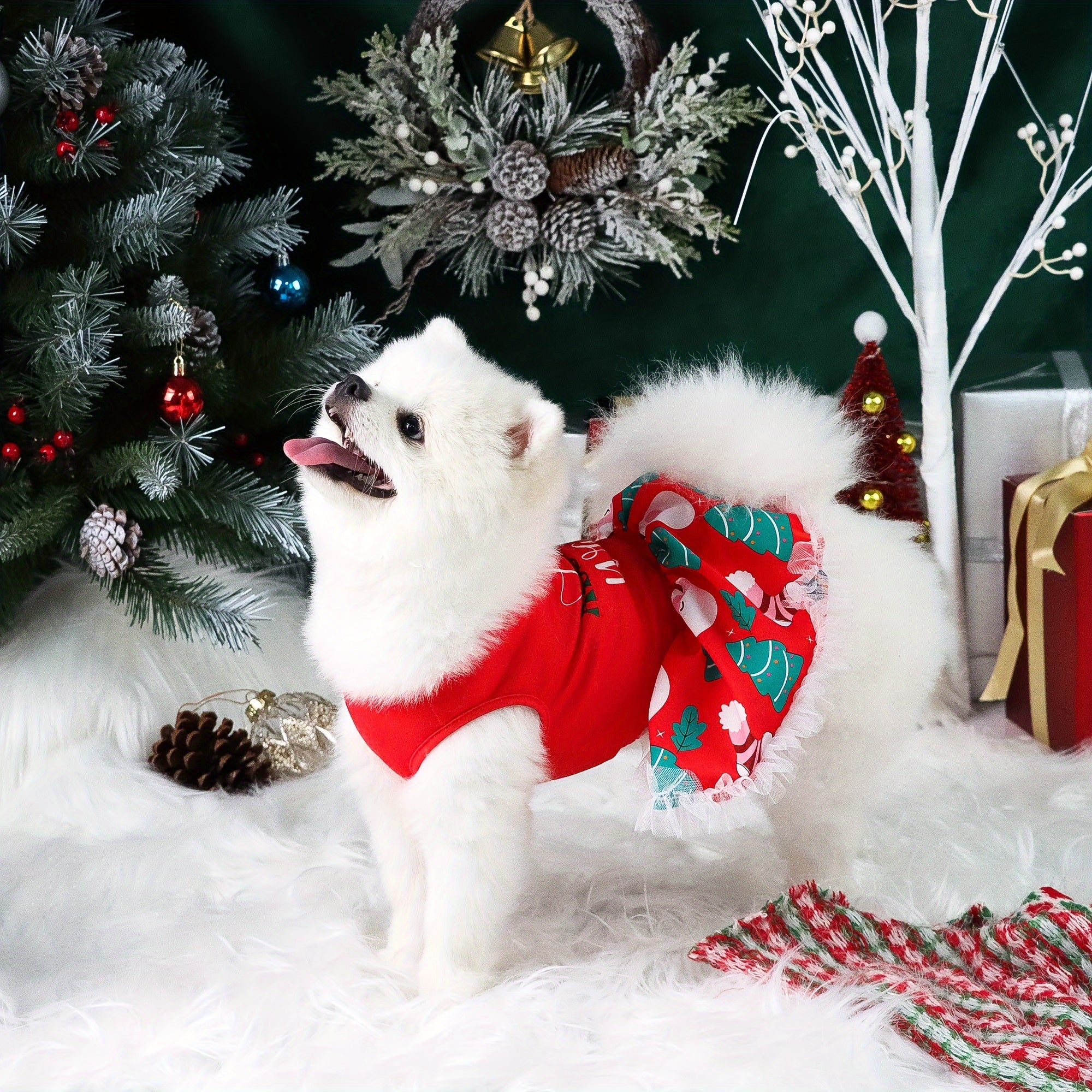 Adorable Festive Christmas Dog Dress - Soft, Cozy, and Machine Washable Polyester Pet Apparel with Vibrant Holiday Print for Small to Medium Breeds, Easy Care and Comfortable Wear