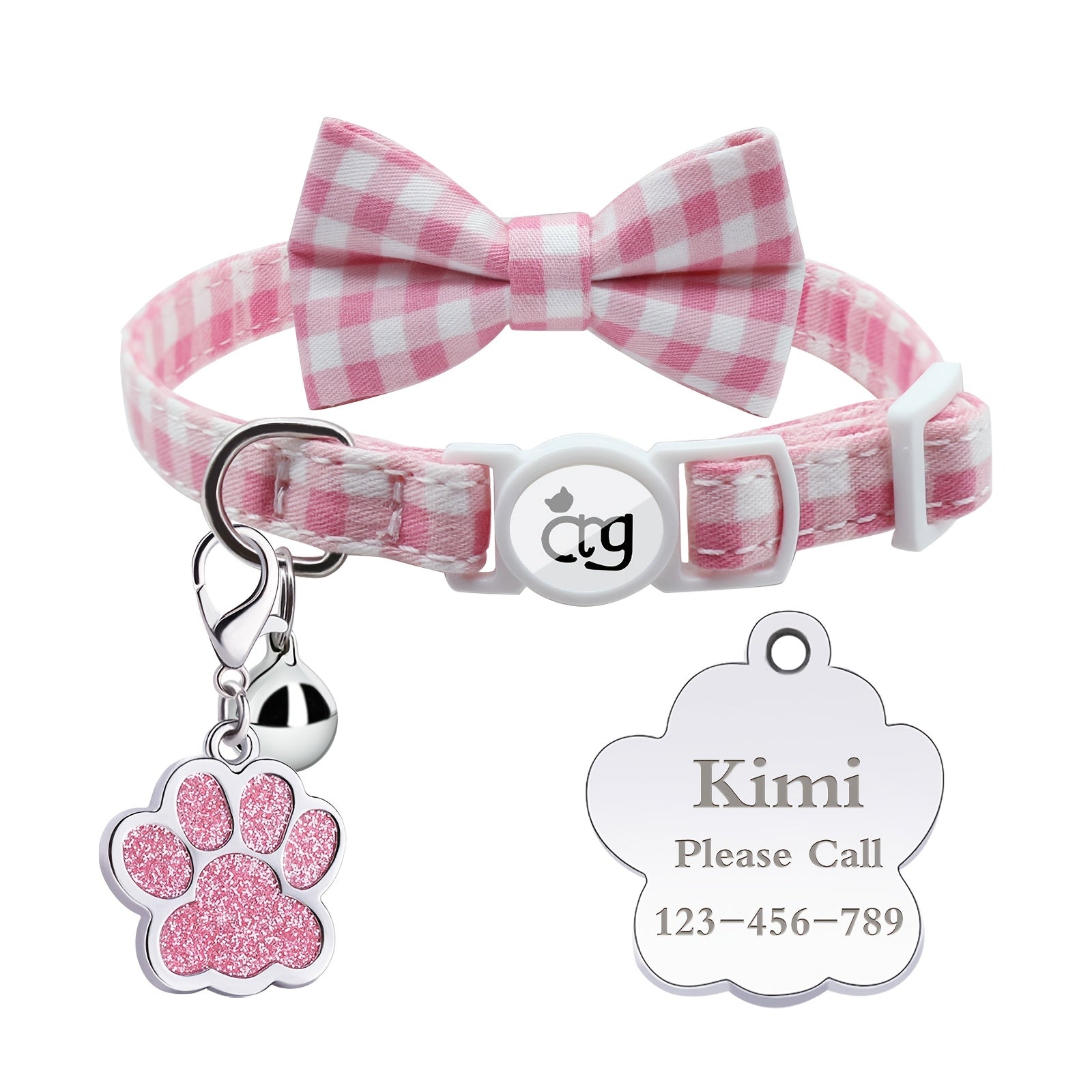 Personalized Custom Metal Paw Tag Pet Collar with Safe Buckle, Bow Tie, Nylon Material, Fresh Plaid Pattern, and Bell - Ideal for Cats and Small Dogs