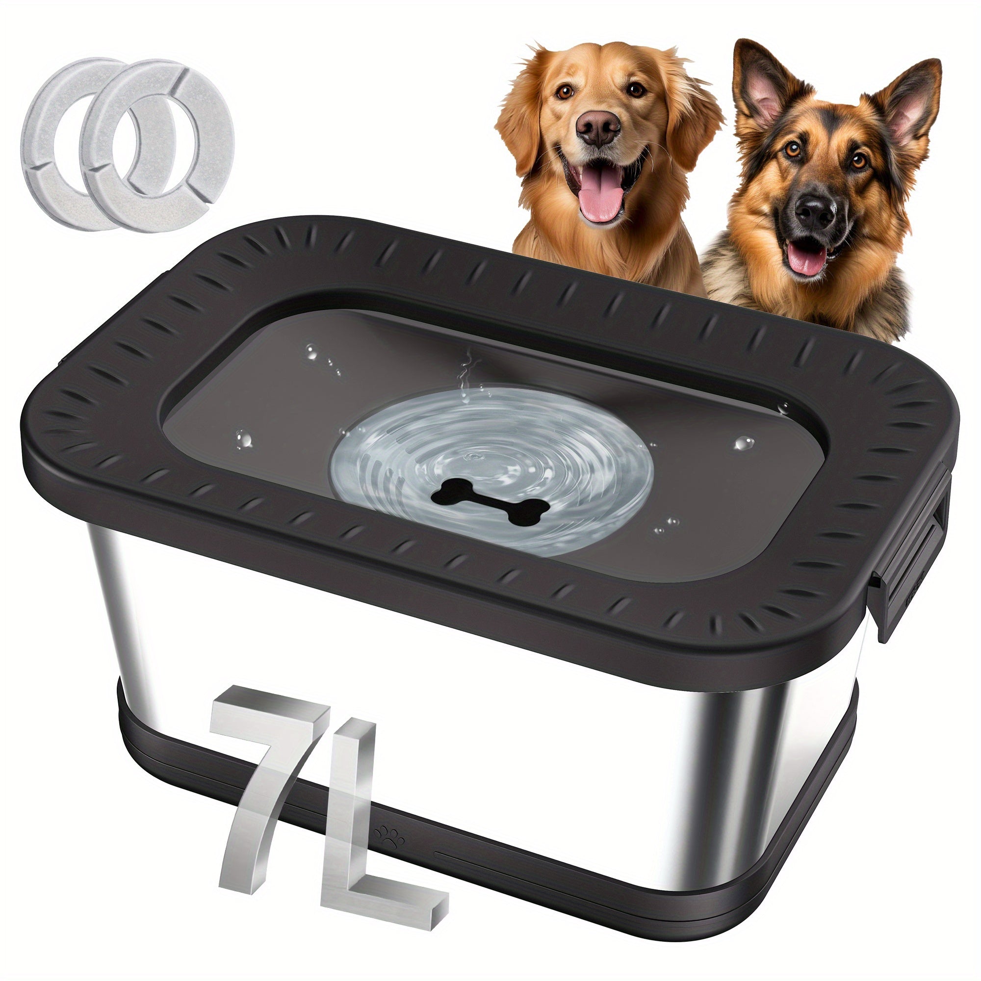 1.85gal Stainless Steel Dog Dish with Anti-Slip Base | Water-Resistant Structure, Sturdy Indoor/Outdoor Pet Feeding Station (Black)