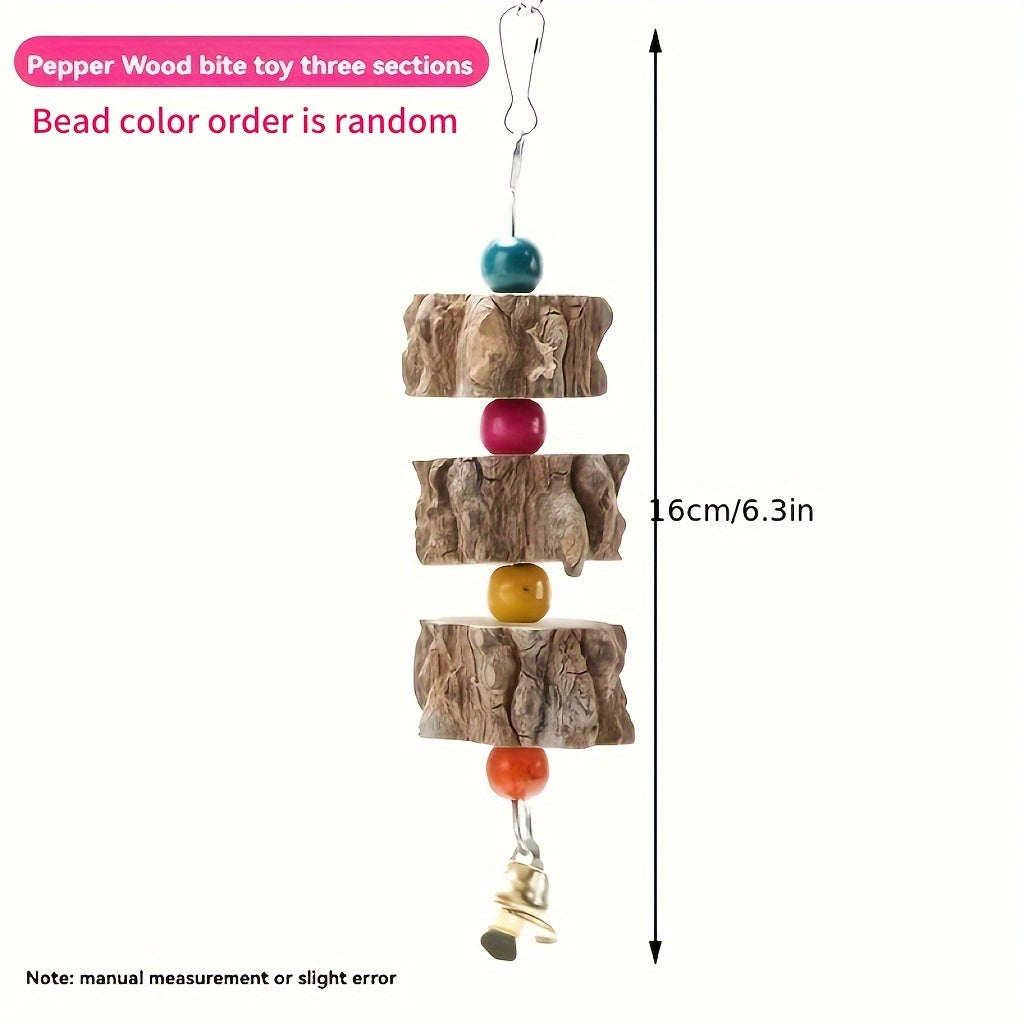 Natures Delight - Durable Wooden Parrot Toy with Melodic Bell and Vibrant Beads - Stimulating Chewing & Grinding Aid for Birds Health - Perfect Cage Accessory