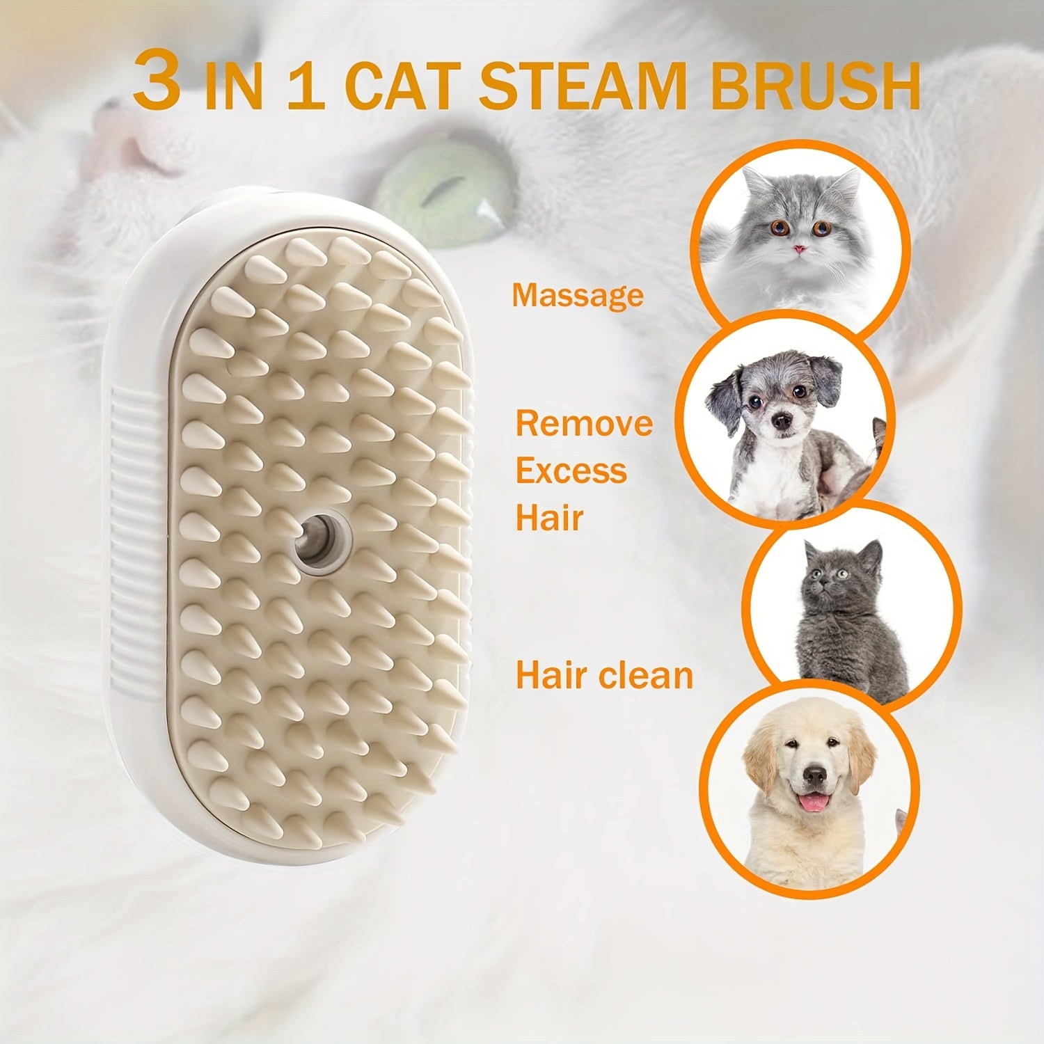 Steam Brush for Cats And Dogs - 3 in 1 Pet Grooming Tool with Release Button, Spray, Hair Removal