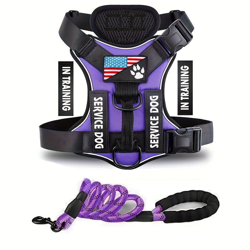 Service Dog Harness, Reflective Dog Vest Harness With 5 PCS Patches, Adjustable Soft Oxford Pet Harness, Inner Layer Mesh, Easy To Control For Small Medium Large Dogs With 59inch Traction Rope