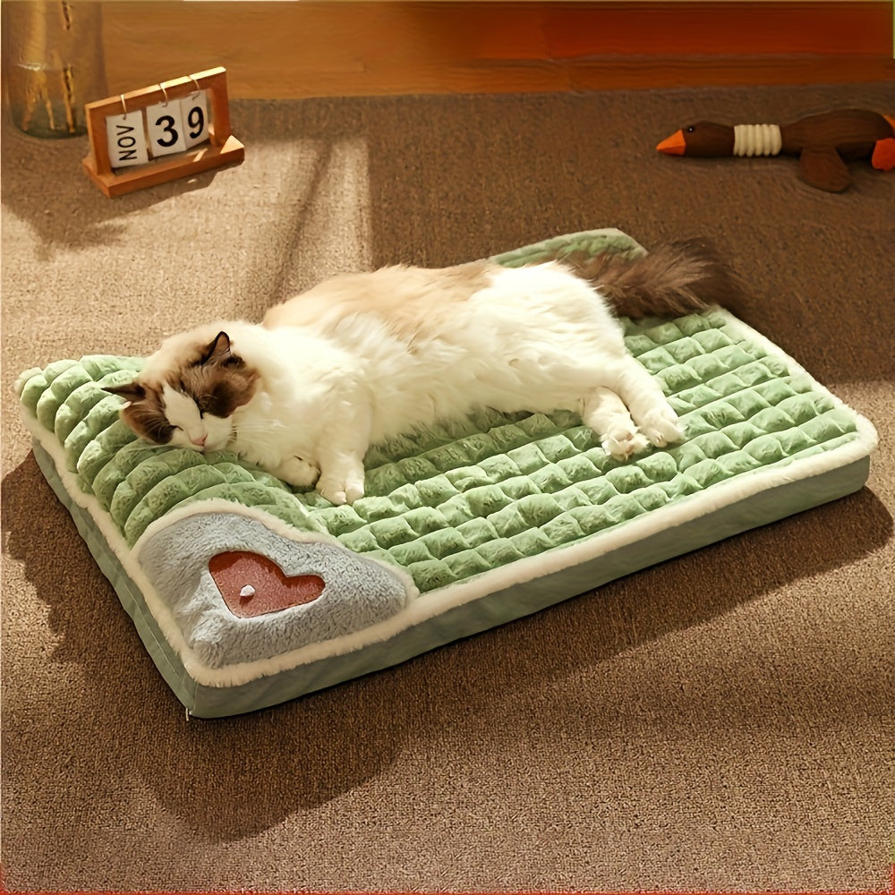 Soft Plush Pet Bed with Neck Pillow & Anti-Slip Bottom - Cozy Sofa Sleeping Pad for Dogs & Cats of All Sizes, Washable Winter Warmth Kennel Mat, Light Green Quilted Design, 42.13" x 31.50, Indoor Pet Bed | Hightop Bolster Bed