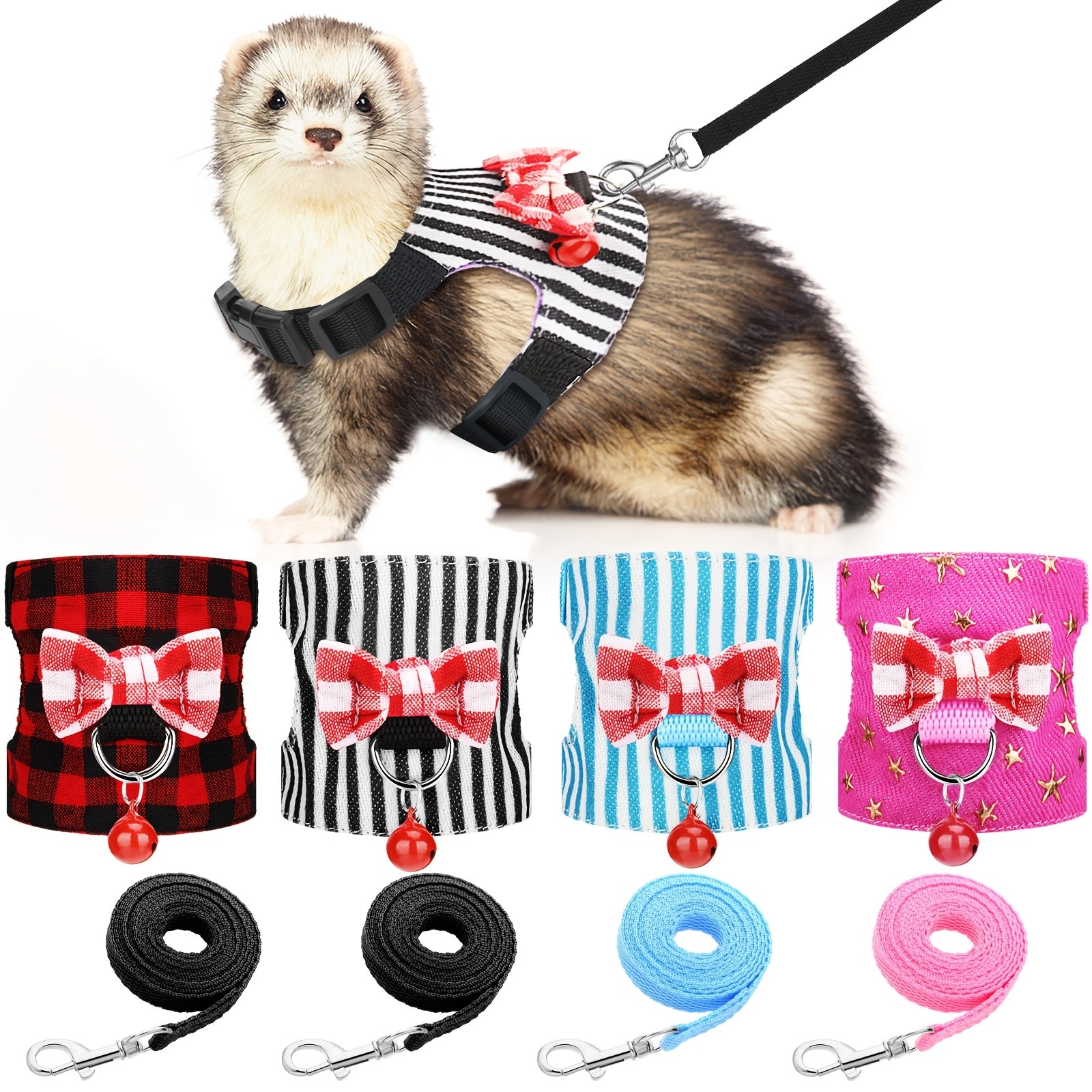 4pcs Small Pet Harness Vest and Leash Set with Cute Bowknot and Safe Bell Decor Chest Strap Harness for Outdoor Walking Rabbit Ferret Guinea Pig Bunny Hamster Puppy Kitten (Small)