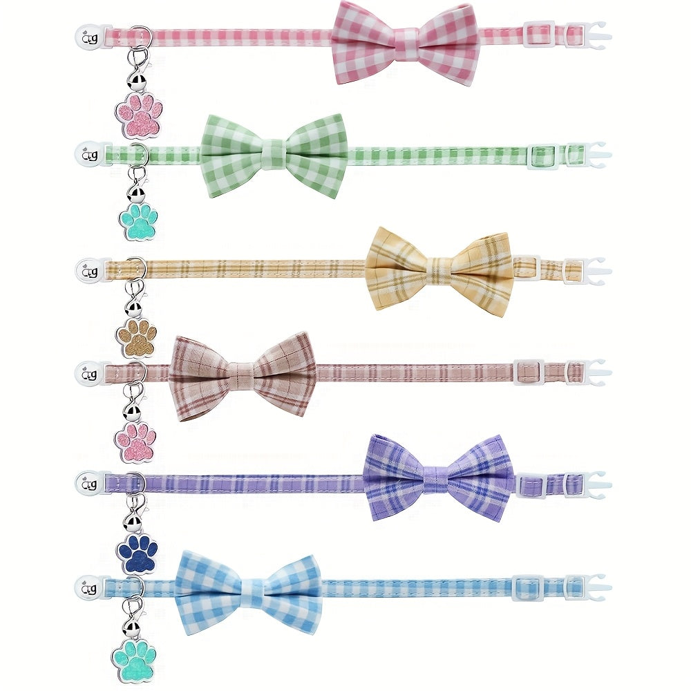 Personalized Custom Metal Paw Tag Pet Collar with Safe Buckle, Bow Tie, Nylon Material, Fresh Plaid Pattern, and Bell - Ideal for Cats and Small Dogs