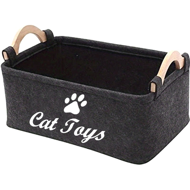 1pc WhiskerWonders Durable Polyester Cat Toy Storage Box, Graphic Paw Print Design, Pet Toy Organizer Basket for Home Organization, No Battery Needed