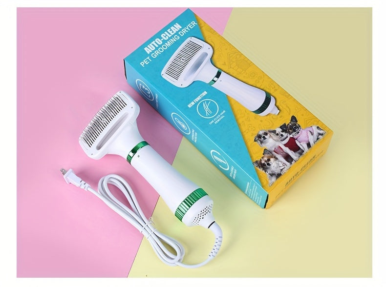 2-in-1 Portable Pet Grooming Drying Brush - Fast, Smooth, Efficiently Drying for Reduced Shedding and Tangling, Ideal for All Body Sizes of Dogs and Cats, Metal Body, Stainless Steel Bristles, US Plug, 110V/220V