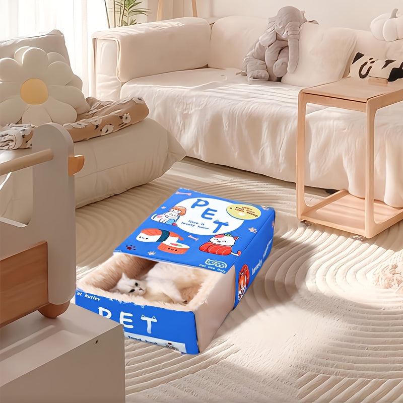 Rectangular Fully Enclosed Cat Bed with Snack Box Design - All-Season Cozy Pet Bed for Cats, Durable Polyester, Removable & Washable, Perfect Thanksgiving & Christmas Gift for Feline Friends, Cat Bed for Indoor Cats, Playful