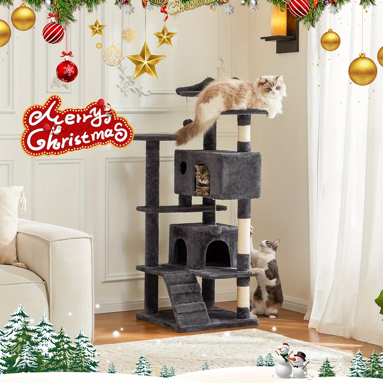 54in Cat Tree Tower for Indoor Cats, Multi-Level Pet Furniture, Kitty Play House with Sisal Scratching Post, Large Condo, Climbing Ladder, Plush Toy for Kitten, Beige and Gray
