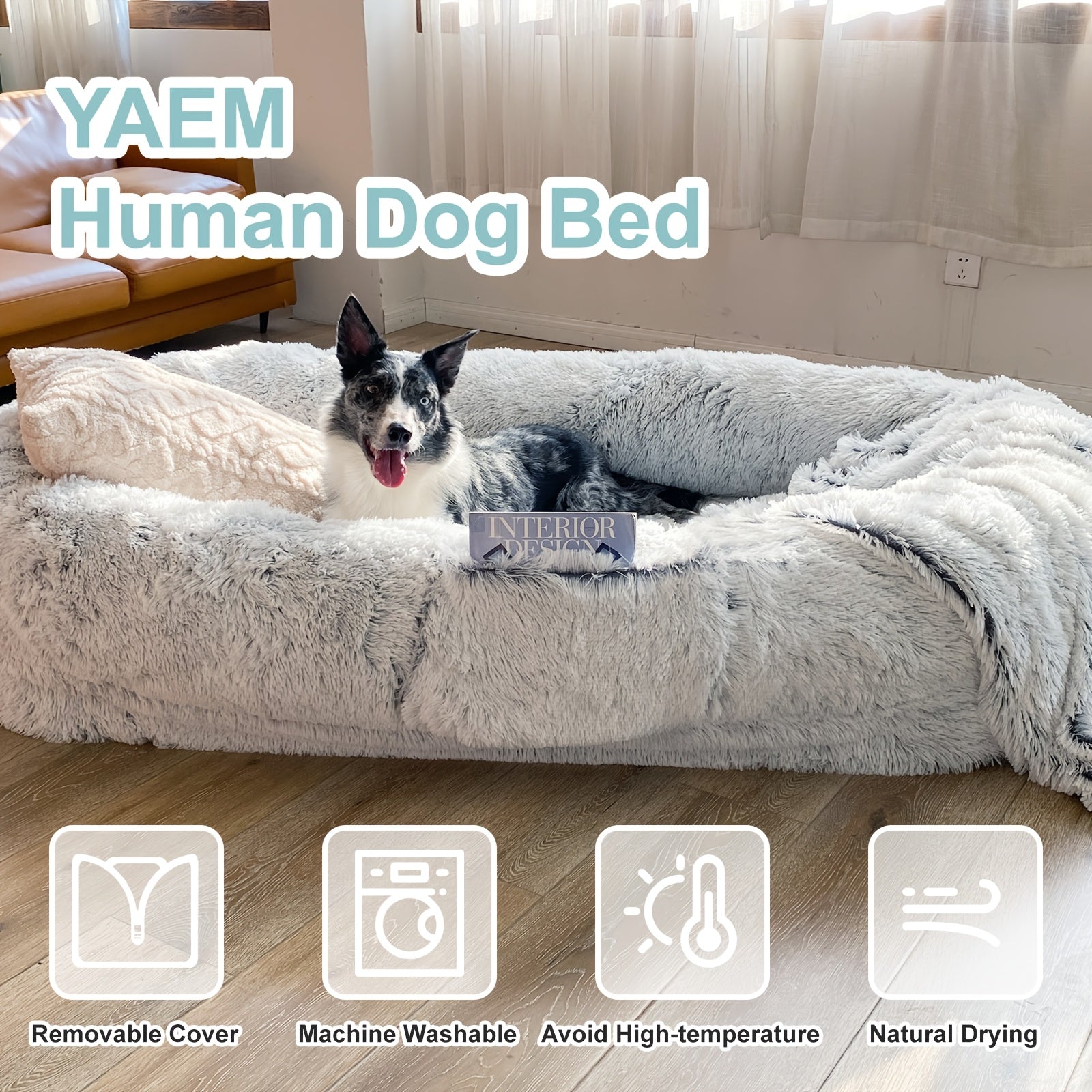 Extra Large Orthopedic Human & Dog Bed with Plush Pillow & Blanket - 71"x45"x12" Washable Faux Fur Pet Couch, Non-Slip Base, Removable Cover - Grey Bed for All Dog Breeds (Small/Medium/Large Dogs) & Cozy Napping Companion for
