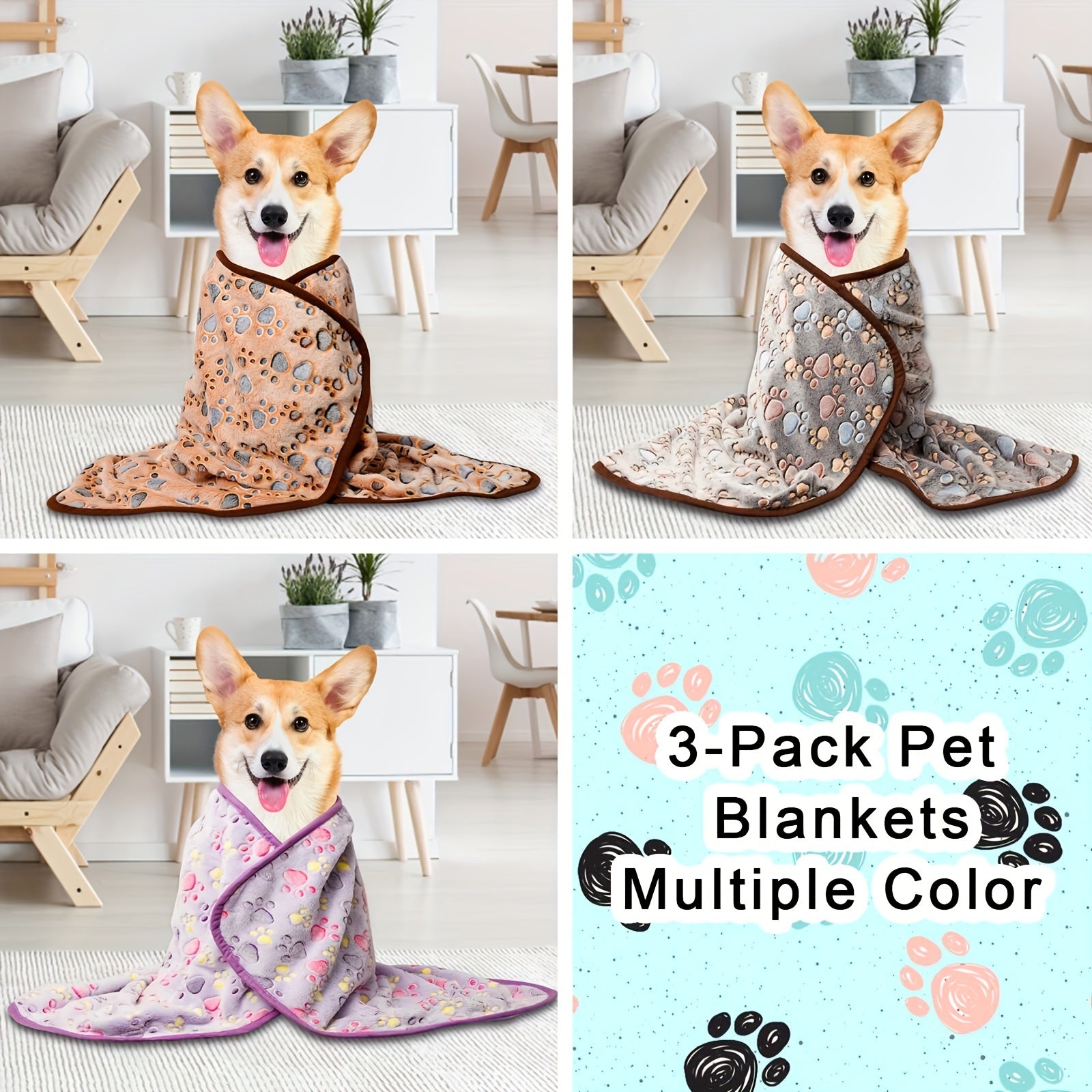 Soft Coral Fleece 3pcs Cozy Gray Paw Print Pet Blankets - Machine Washable, All-Season Comfort for Small to Large Breeds - Polyester Durability, Plush Pet Accessories