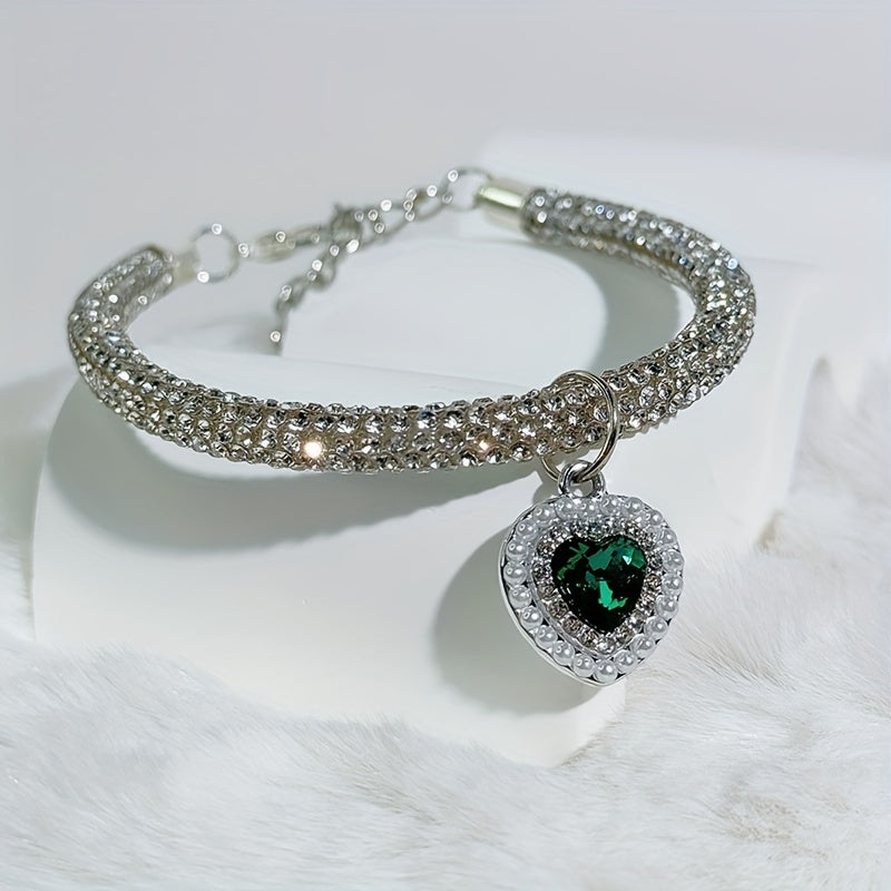 Sparkling Heart-Shaped Pearl Pendant Pet Collar - Adjustable, Rhinestone Accents for Cats & Dogs - Fashionable Valentine's Day Accessory