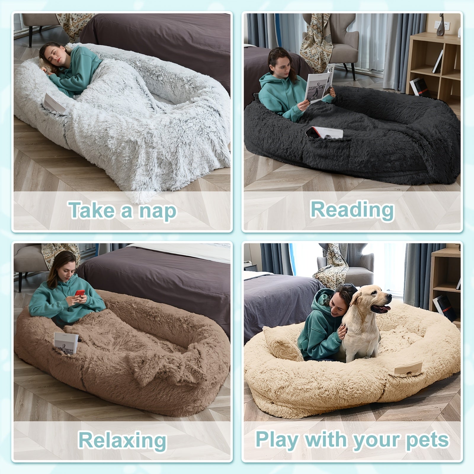 Extra Large Orthopedic Human & Dog Bed with Plush Pillow & Blanket - 71"x45"x12" Washable Faux Fur Pet Couch, Non-Slip Base, Removable Cover - Grey Bed for All Dog Breeds (Small/Medium/Large Dogs) & Cozy Napping Companion for